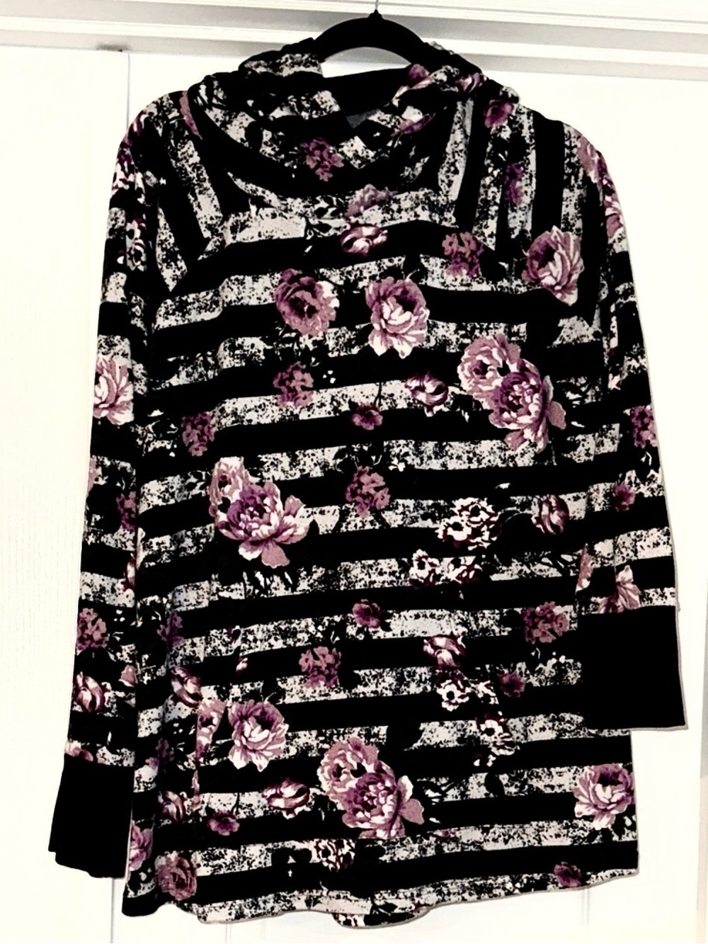 LuLaRoe Black Striped Hoodie with Purple Floral Print